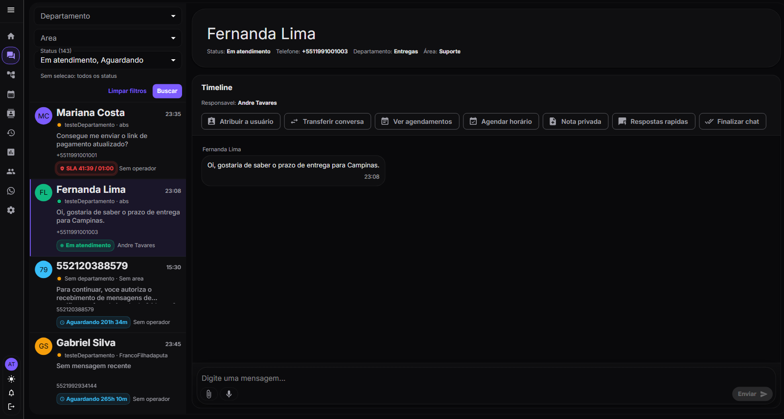Tela real do Nuntio Chat com lista de conversas, timeline e ações de atendimento.